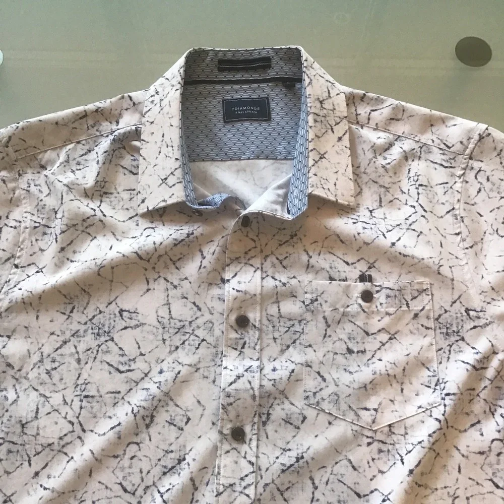 7 Diamonds Timeless Melody 4 Way Stretch SS Button Down Shirt White Navy Blue XL